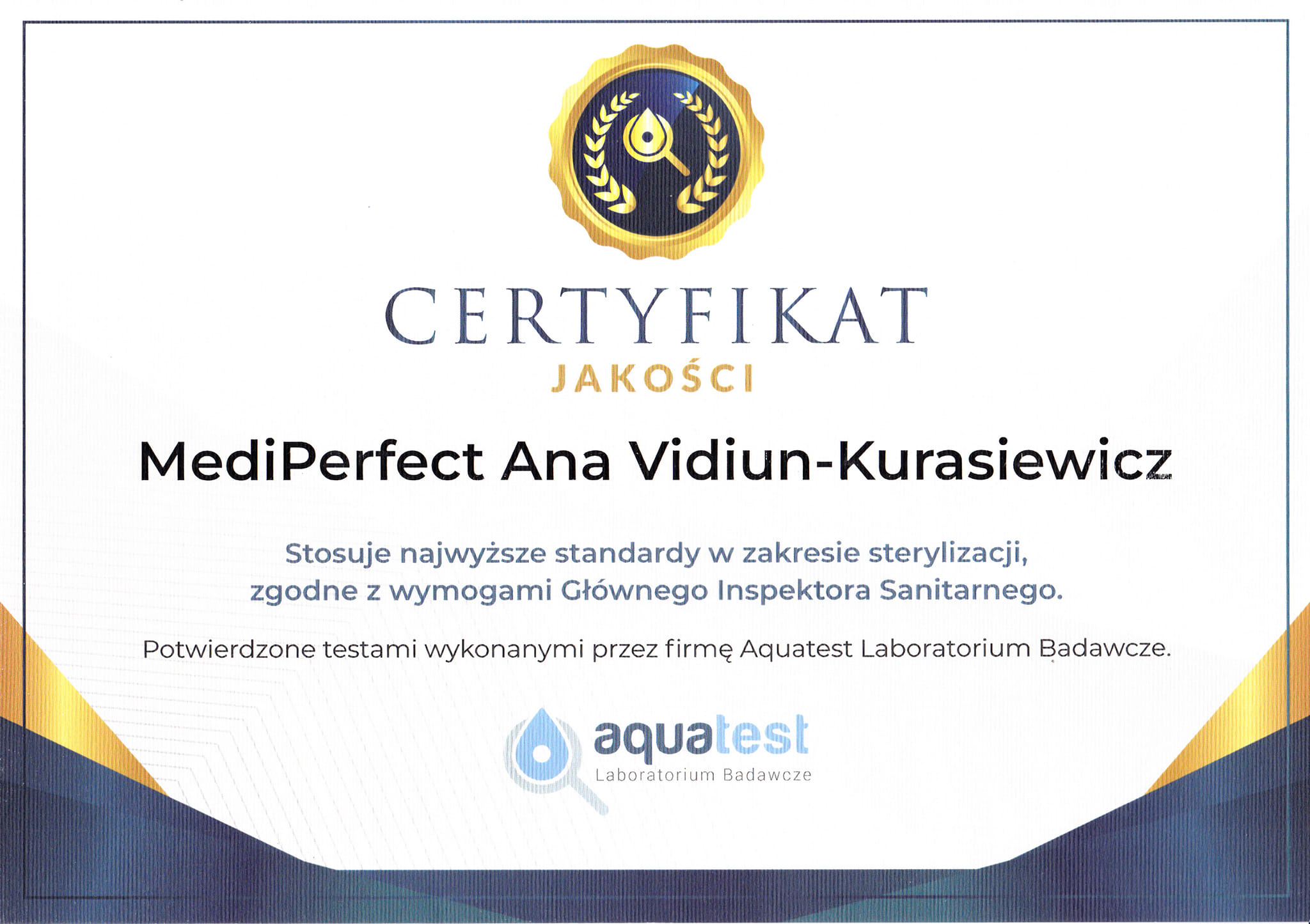 Certyfikat jakości potwierdzający najwyższe standardy w zakresie sterylizacji
